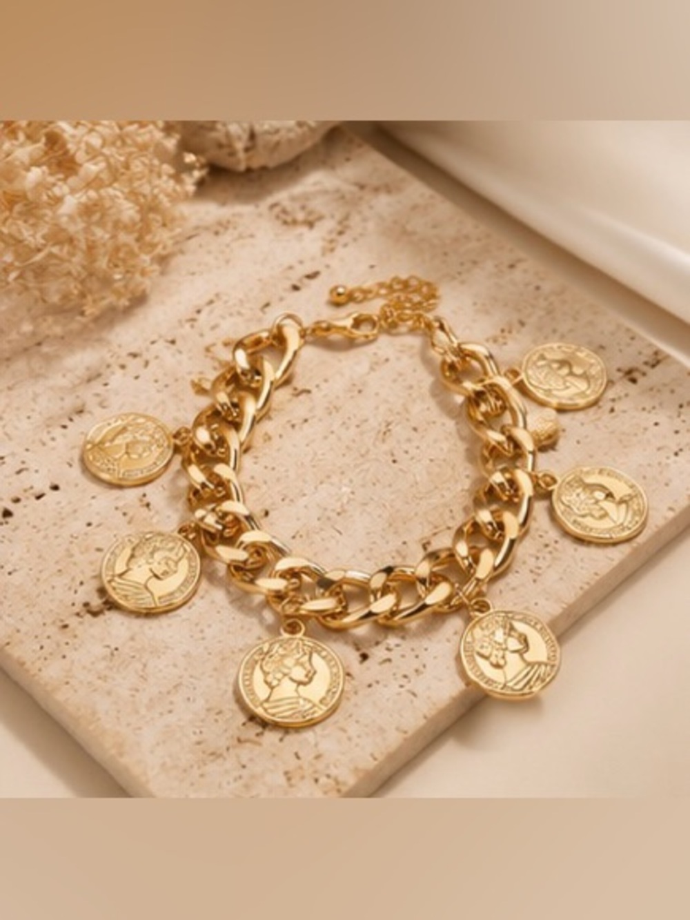 Gold Coin Charm Bracelet Chunky Chain | Vintage Luxe Statement Bracelet